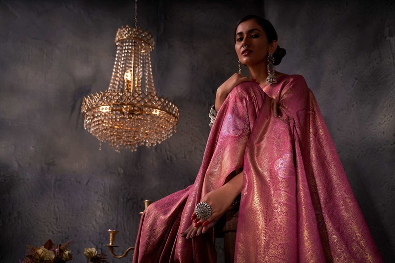 Vardha Women's Kanjivaram Art Silk Saree, Zari Woven, Gold Copper Silver, Unstitched Blouse - Pink Sari Ayana Silk, 538 - Image 5