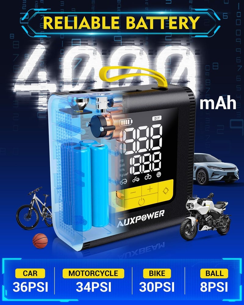 AUXPOWER H4 Portable Tire Inflator - 4000mAh & 150PSI Air Compressor for Car, Motorcycle, Bike, and Ball - Image 2