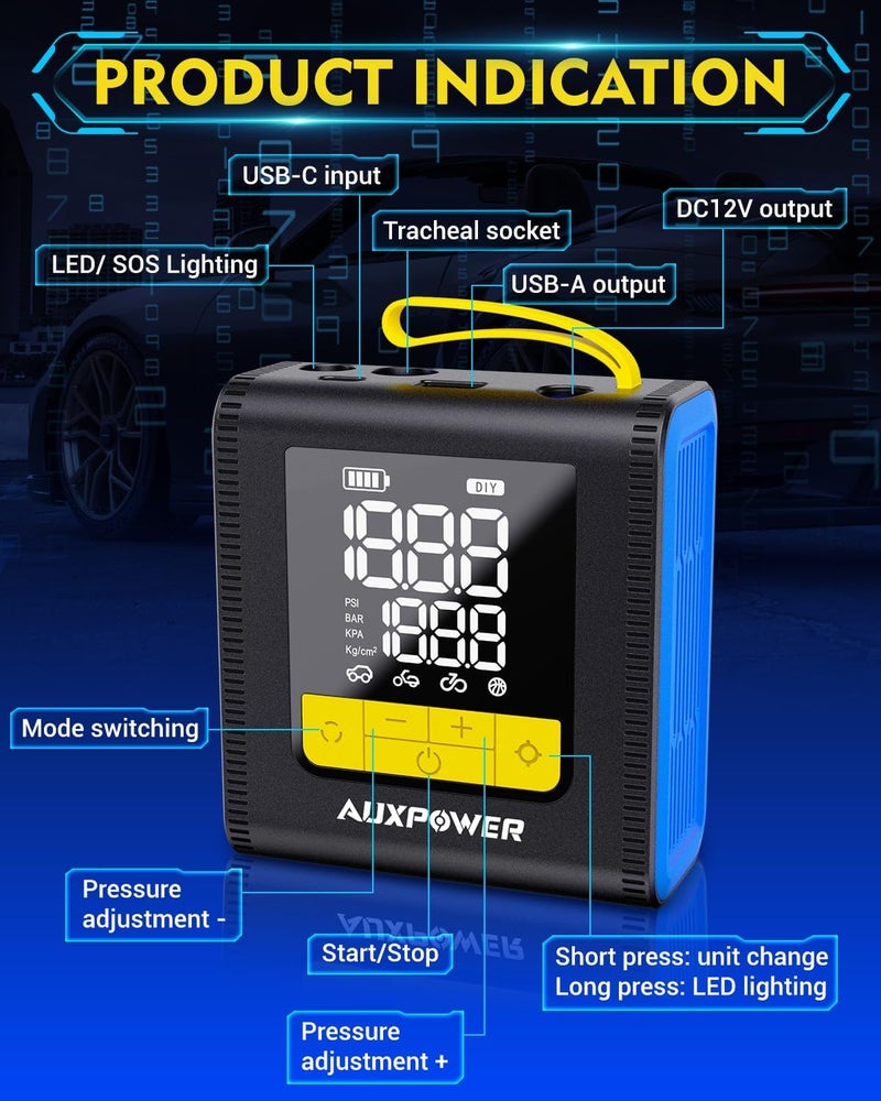 AUXPOWER H4 Portable Tire Inflator - 4000mAh & 150PSI Air Compressor for Car, Motorcycle, Bike, and Ball - Image 3