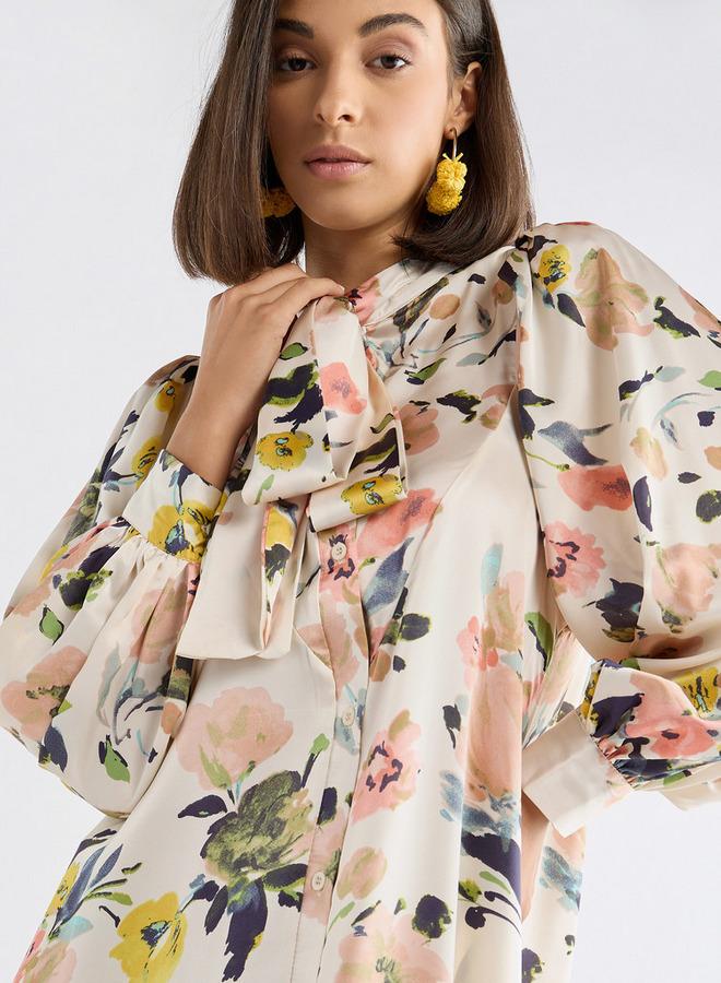 Splash FAV Floral Print Dress with Pussy Bow Neck and Volume Sleeves - Image 3