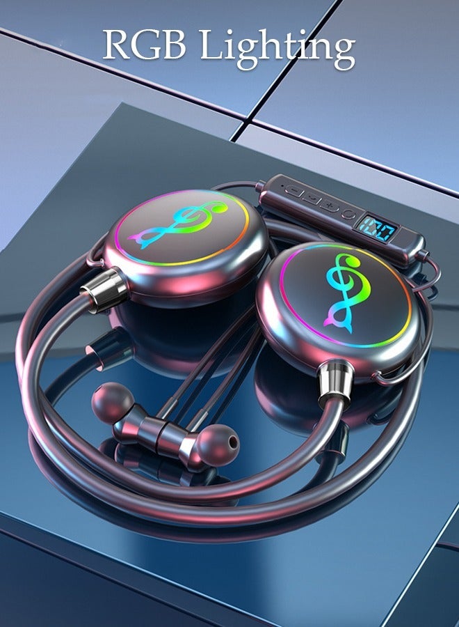 DUNISO Neckband Bluetooth Headphones Waterproof RGB Ligh HiFi Deep Gym Headset with Digital Display Microphone for Phone Call Music Sports Foldable Bluetooth V5.3 Headset - Image 3