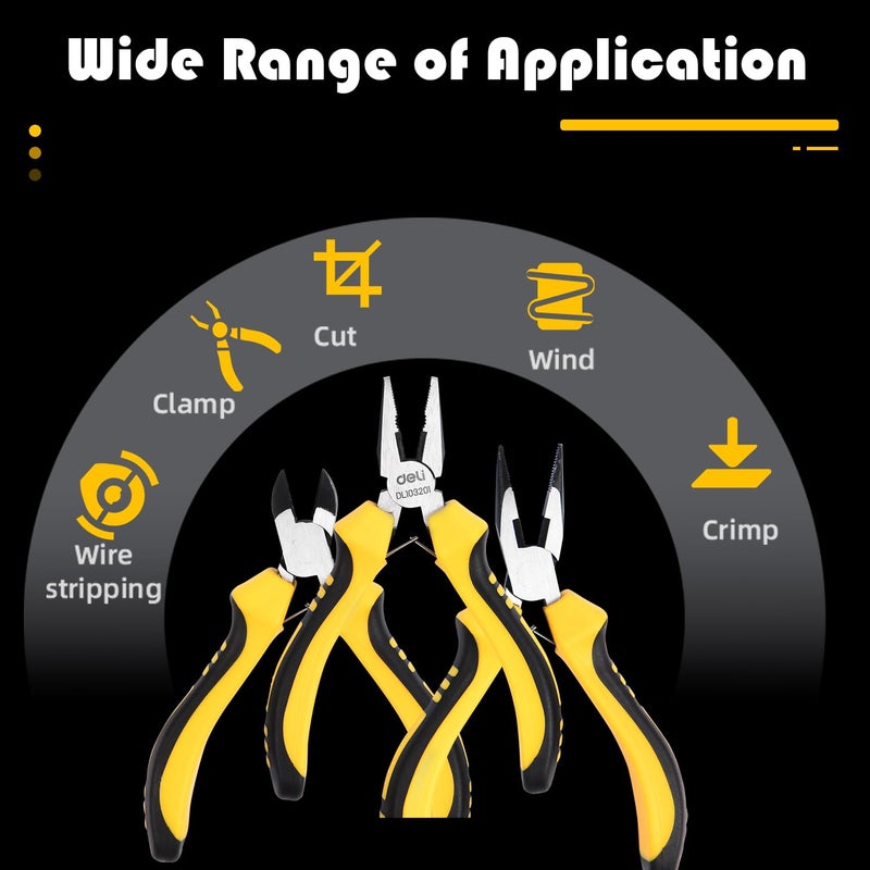 Deli DL103201-3 3 Pcs Mini Pliers Set Including Combination Diagonal & Lose Nose Pliers Heavy Duty High Carbon Steel with Dual Color Handle End Cutting-Pliers For Handcrafts Model Jewelry Making (1Pc) - Image 3