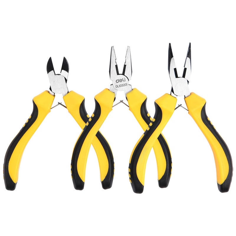 Deli DL103201-3 3 Pcs Mini Pliers Set Including Combination Diagonal & Lose Nose Pliers Heavy Duty High Carbon Steel with Dual Color Handle End Cutting-Pliers For Handcrafts Model Jewelry Making (1Pc) - Image 1
