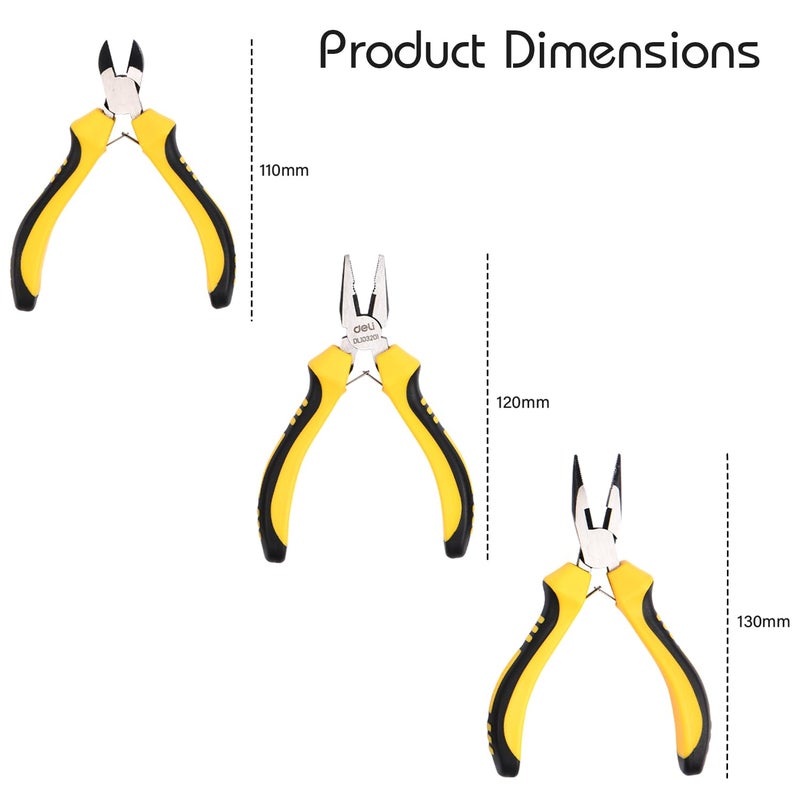 Deli DL103201-3 3 Pcs Mini Pliers Set Including Combination Diagonal & Lose Nose Pliers Heavy Duty High Carbon Steel with Dual Color Handle End Cutting-Pliers For Handcrafts Model Jewelry Making (1Pc) - Image 2
