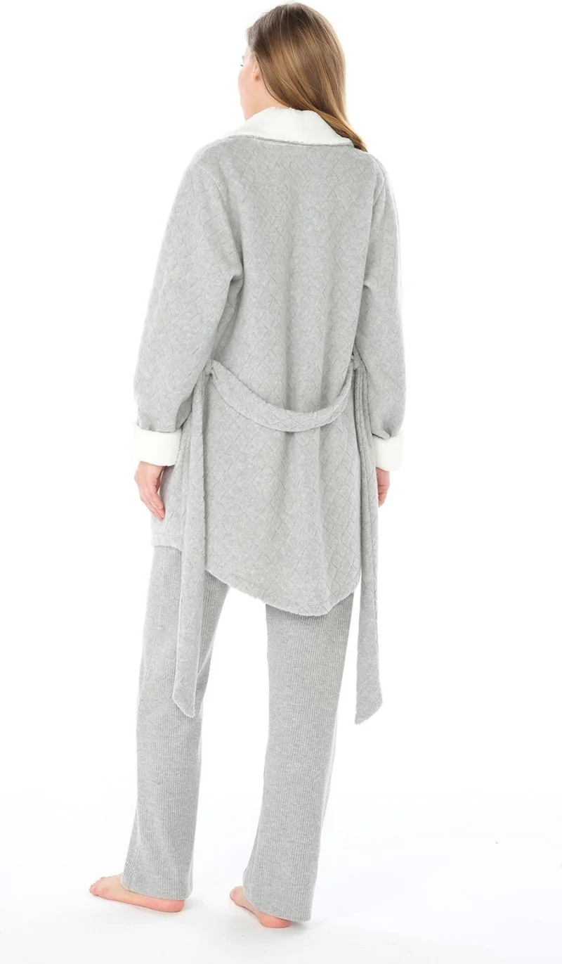 Feyza Women's Baklava Pattern 3 Piece Maternity Gray Pajama Set C4T9N3O4