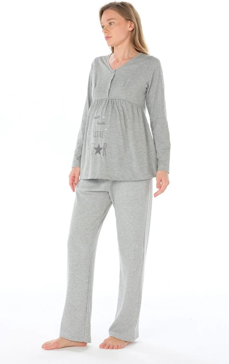 Feyza Women's Baklava Pattern 3 Piece Maternity Gray Pajama Set C4T9N3O4