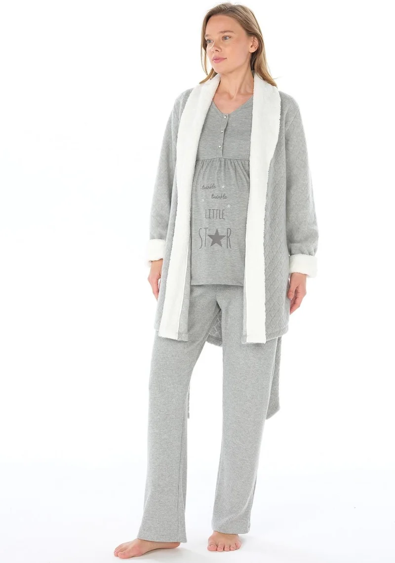 Feyza Women's Baklava Pattern 3 Piece Maternity Gray Pajama Set C4T9N3O4