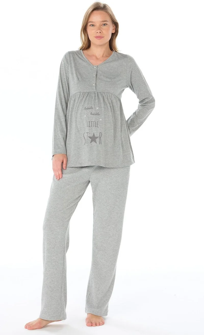 Feyza Women's Baklava Pattern 3 Piece Maternity Gray Pajama Set C4T9N3O4