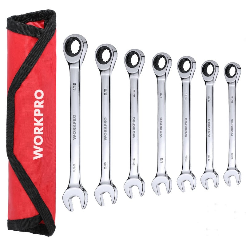 WORKPRO 7-Piece Ratcheting Combination Wrench Set, 72 Teeth, Cr-V Constructed, Combo Ratchet Wrenches Set with Roll Up Pouch, SAE 5/16"-11/16" - Image 1