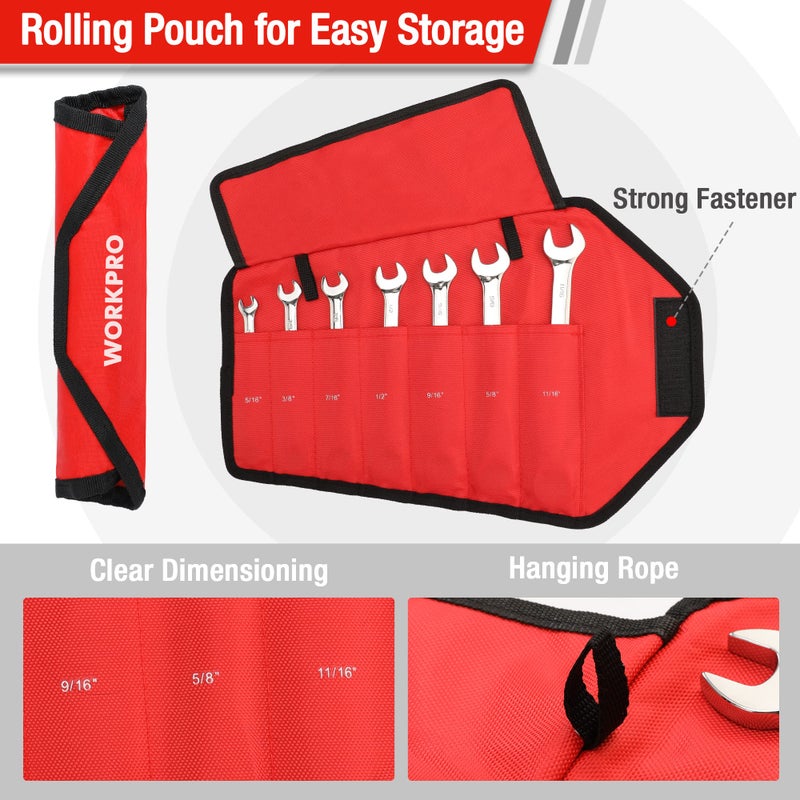 WORKPRO 7-Piece Ratcheting Combination Wrench Set, 72 Teeth, Cr-V Constructed, Combo Ratchet Wrenches Set with Roll Up Pouch, SAE 5/16"-11/16" - Image 5