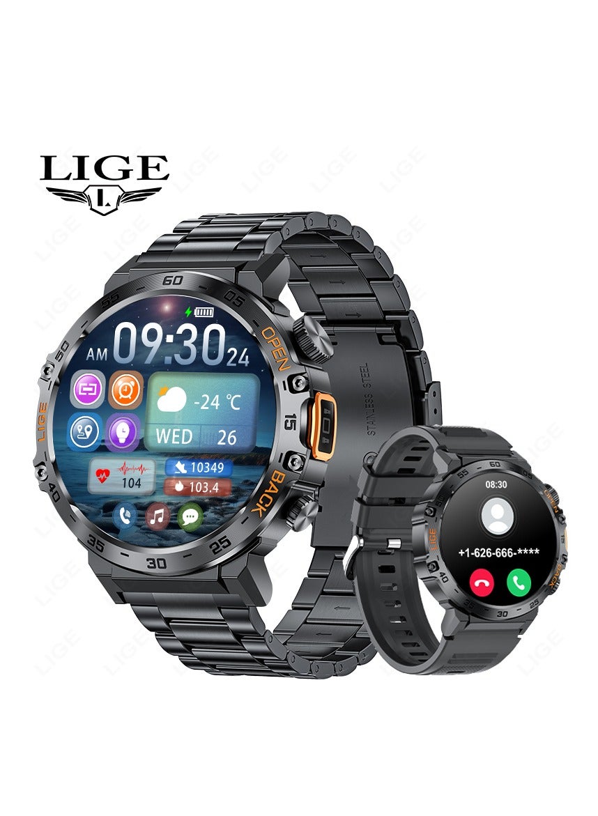 LIGE 1.53'' TFT Full Touch Screen 290 mAh Big Battery Sports Smart watches for Men Bluetooth Call Waterproof with LED Flashlight Function 2 Black Straps