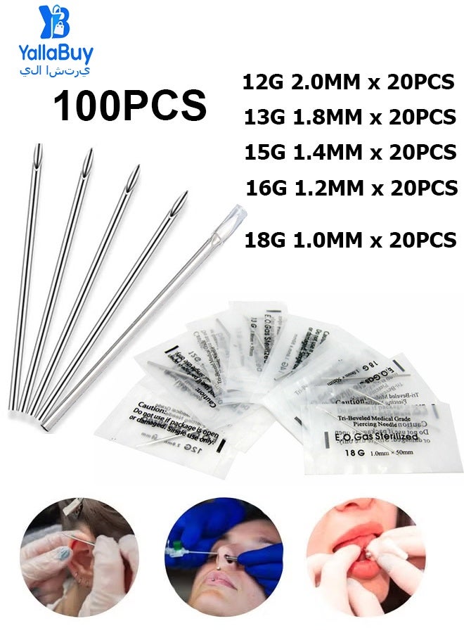 يلا اشتري مجموعة إبر ثقب الجسم للاستخدام مرة واحدة من 100 قطعة فضية، 12 جرامًا و13 جرامًا و15 جرامًا و16 جرامًا و18 جرامًا لإبر ثقب الجسم للأذن والسرة والحاجب والشفة والحلمة - Image 1