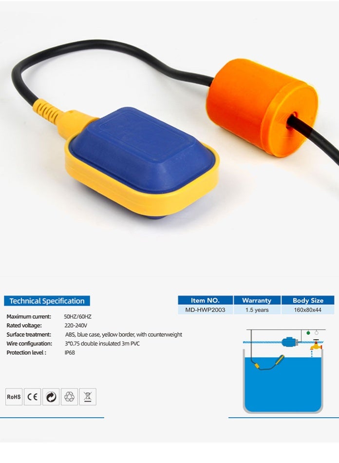 MODI Automatic Water Level Float Switch IP68 Waterproof Pump Control Switch with 3m Cable 220-240V Heavy Duty ABS Float Sensor for Water Tanks, Sumps, Irrigation and Pump Systems - Image 2