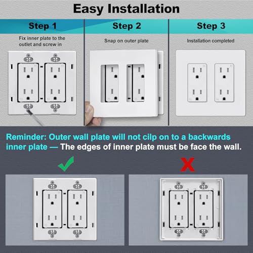 CML Hardware CML 2-Gang Decorator Screwless Wall Plates, 12 Pack Child Safe Switch Plate Covers, Double Receptacle Outlet Cover, Standard Size 4.68”X 4.72”, Impact Resistant, Glossy White - Image 4
