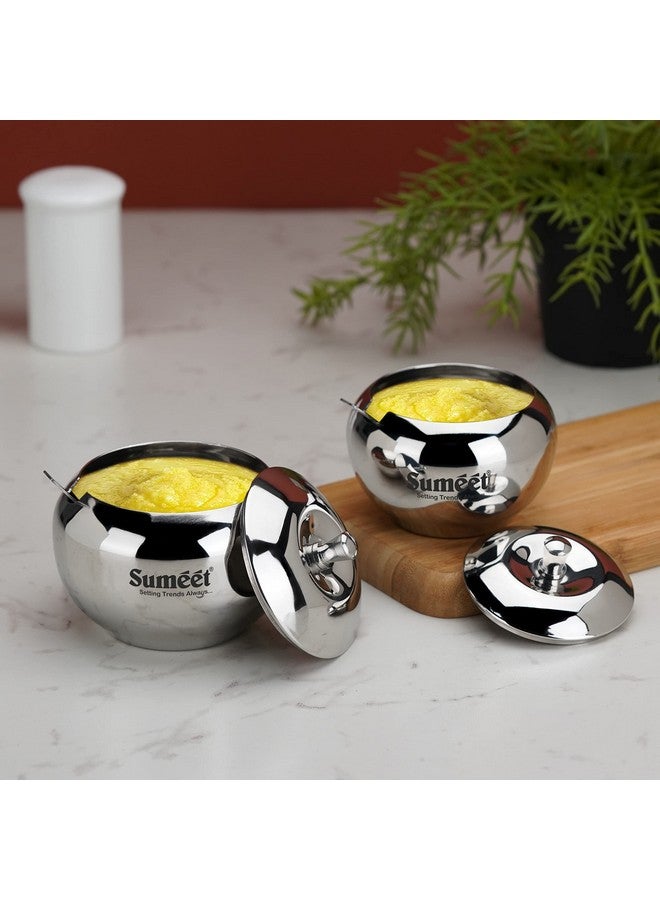 Sumeet Stainless Steel Ghee and Oil Pot, Storage Container with Spoon for Kitchen, 8.5cm & 9.5cm Dia, 230ML & 330ML -(Pack of 2), Silver - Image 3