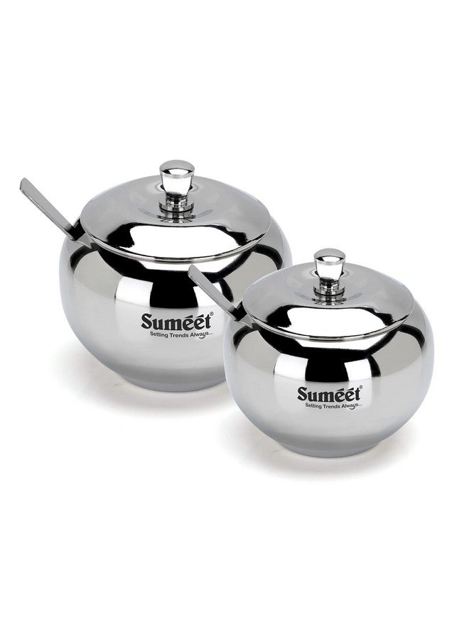 Sumeet Stainless Steel Ghee and Oil Pot, Storage Container with Spoon for Kitchen, 8.5cm & 9.5cm Dia, 230ML & 330ML -(Pack of 2), Silver - Image 1