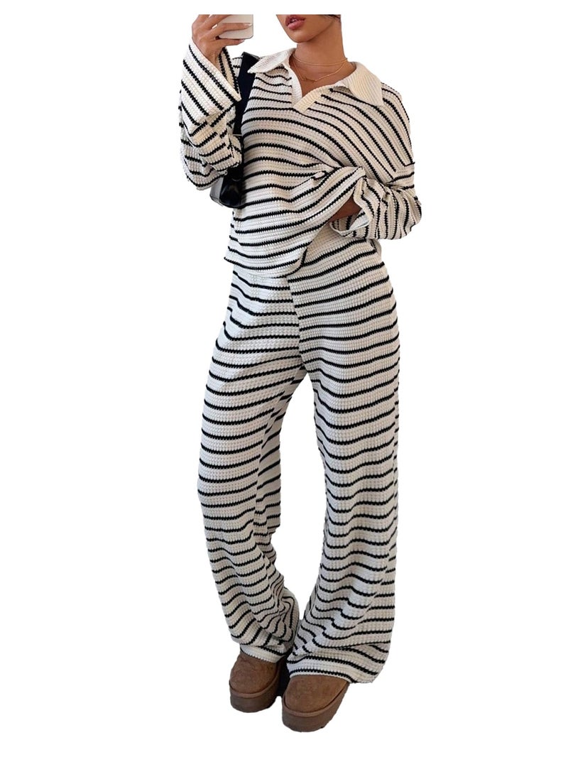 MakeMeChic Striped Lounge Set 2 Piece Sweater Sets for Women Going Out Travel Outfit Black and White Large - Image 1