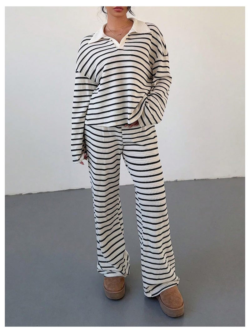 MakeMeChic Striped Lounge Set 2 Piece Sweater Sets for Women Going Out Travel Outfit Black and White Large - Image 3