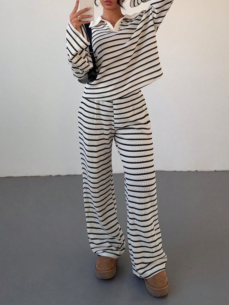 MakeMeChic Striped Lounge Set 2 Piece Sweater Sets for Women Going Out Travel Outfit Black and White Large - Image 5