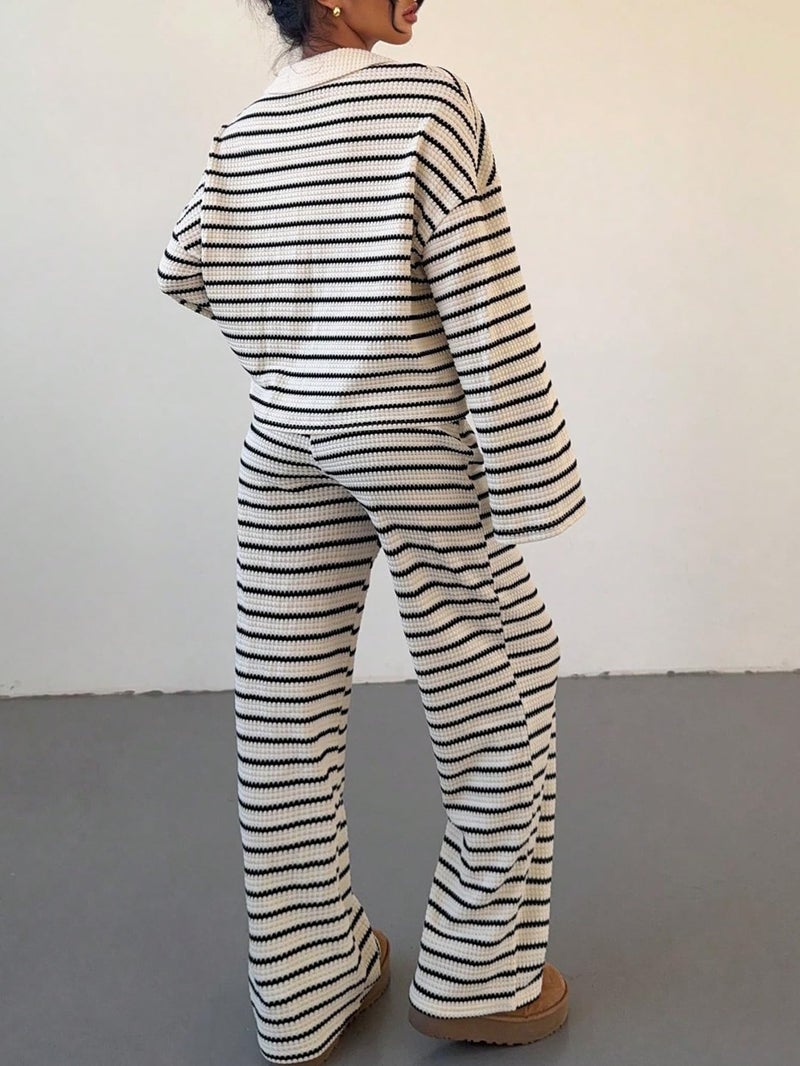 MakeMeChic Striped Lounge Set 2 Piece Sweater Sets for Women Going Out Travel Outfit Black and White Large - Image 2