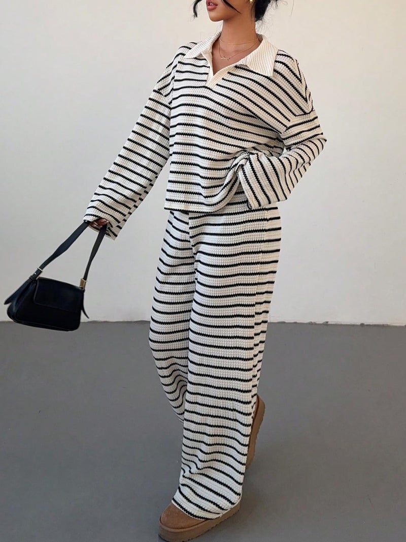 MakeMeChic Striped Lounge Set 2 Piece Sweater Sets for Women Going Out Travel Outfit Black and White Large - Image 4