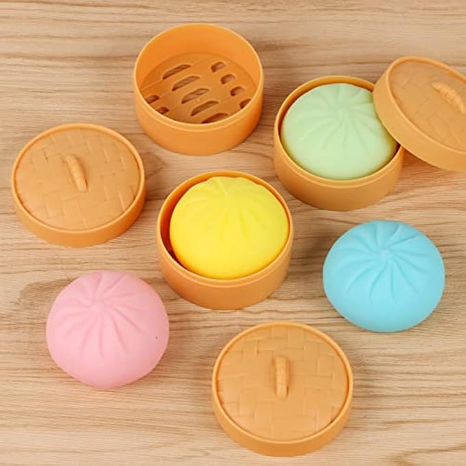 MEIEST Colorful Dumplings, Stress Balls, Sensory Toy, Dumplings, Stress Relief, Hand Toys, Anti-Anxiety Bun with Food Steamer, Stretchy Desk Toy, 4 Pieces - Image 2