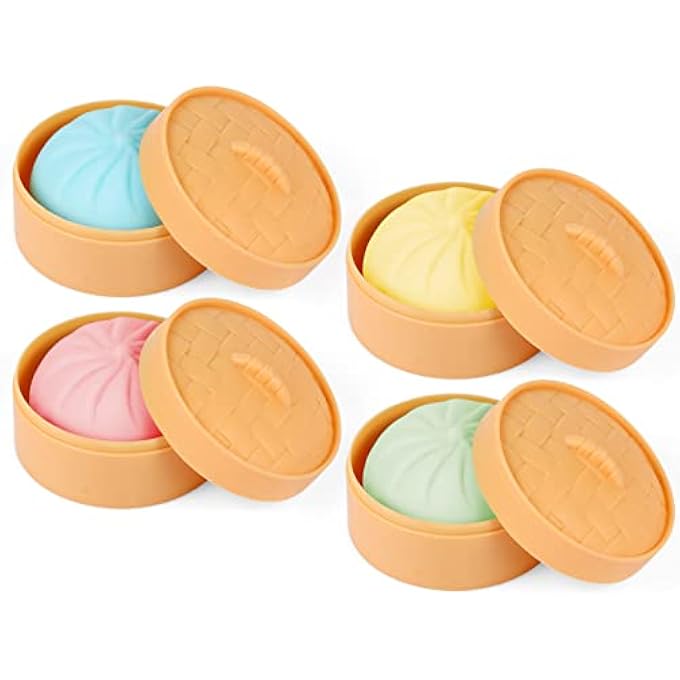 MEIEST Colorful Dumplings, Stress Balls, Sensory Toy, Dumplings, Stress Relief, Hand Toys, Anti-Anxiety Bun with Food Steamer, Stretchy Desk Toy, 4 Pieces - Image 1