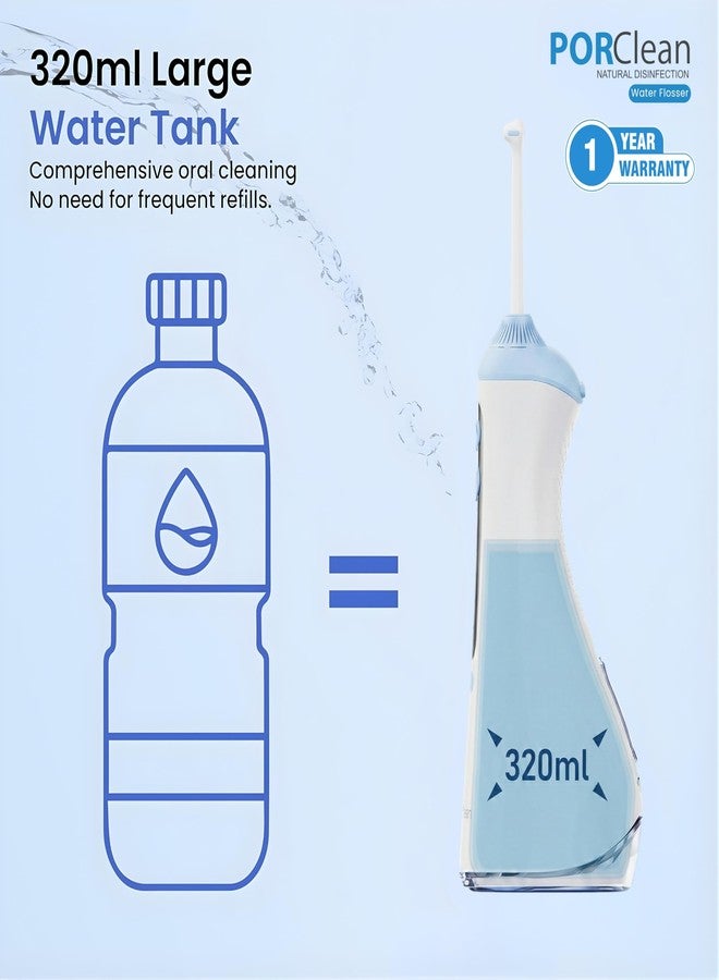 PORClean جهاز تنظيف الأسنان بالماء PORClean 200V Pro، يعمل بضغط 160 رطل لكل بوصة مربعة، مناسب لتقويم الأسنان واللثة، مزود بخزان سعة 320 مل، و6 رؤوس، قابل لإعادة الشحن عبر منفذ USB-C، مقاوم للماء بمعيار IPX7، خيط تنظيف الأسنان، منظف الأسنان - ضمان لمدة عام - Image 4