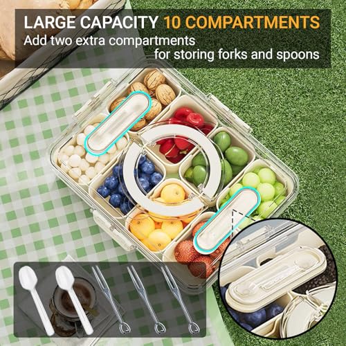 Crastilior Large Divided Serving Tray with lid and handle Travel snack container Portable snackle box container for fruit, Party, Picnic -10 compartment with 3 forks and 2 spoons - Image 2