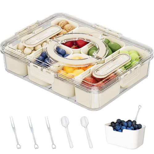 Crastilior Large Divided Serving Tray with lid and handle Travel snack container Portable snackle box container for fruit, Party, Picnic -10 compartment with 3 forks and 2 spoons - Image 1