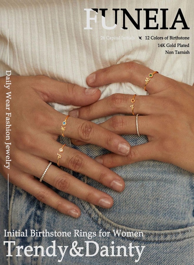 FUNEIA Initial Birthstone Rings for Women Non Tarnish Trendy Stackable Dainty Gold Letter Adjustable Emerald Green Cubic Zirconia Ring for Mothers Daughter Birthday Bridesmaid Gifts Jewelry - Image 2