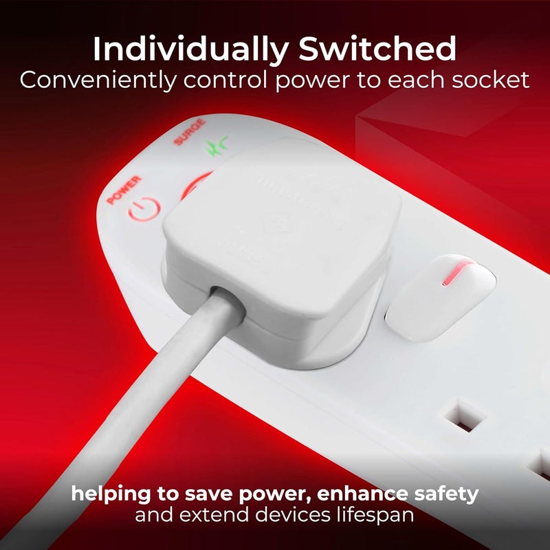 Masterplug Four Socket Power Surge Protected Extension Lead with Individual Switches, 2 Metres, 36 x 5.5 x 3 cm, White - Image 3