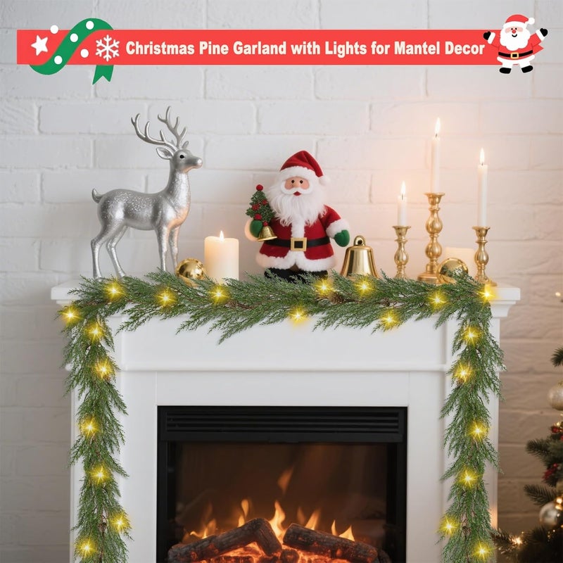 Artgar 2Pcs Christmas Cedar Garland, 6 Ft Realistic Pine Garland, Prelit Christmas Garland with 30 Warm Lights with 8 Light Modes for Mantels Stair Table Indoor Outdoor Winter Xmas Decor (Green 2Pcs) - Image 5