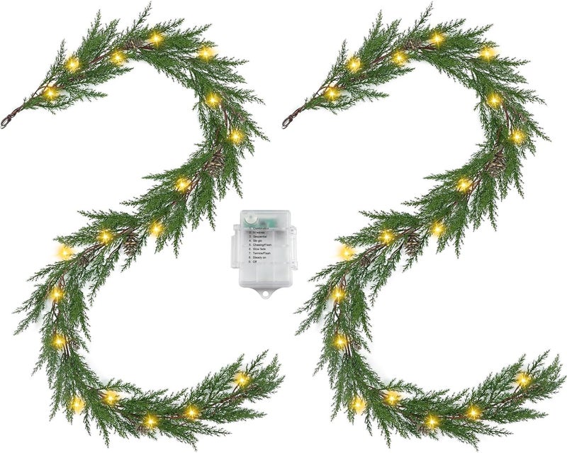 Artgar 2Pcs Christmas Cedar Garland, 6 Ft Realistic Pine Garland, Prelit Christmas Garland with 30 Warm Lights with 8 Light Modes for Mantels Stair Table Indoor Outdoor Winter Xmas Decor (Green 2Pcs) - Image 1