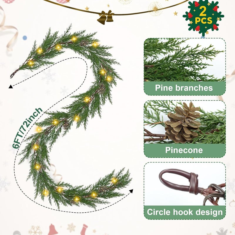 Artgar 2Pcs Christmas Cedar Garland, 6 Ft Realistic Pine Garland, Prelit Christmas Garland with 30 Warm Lights with 8 Light Modes for Mantels Stair Table Indoor Outdoor Winter Xmas Decor (Green 2Pcs) - Image 2