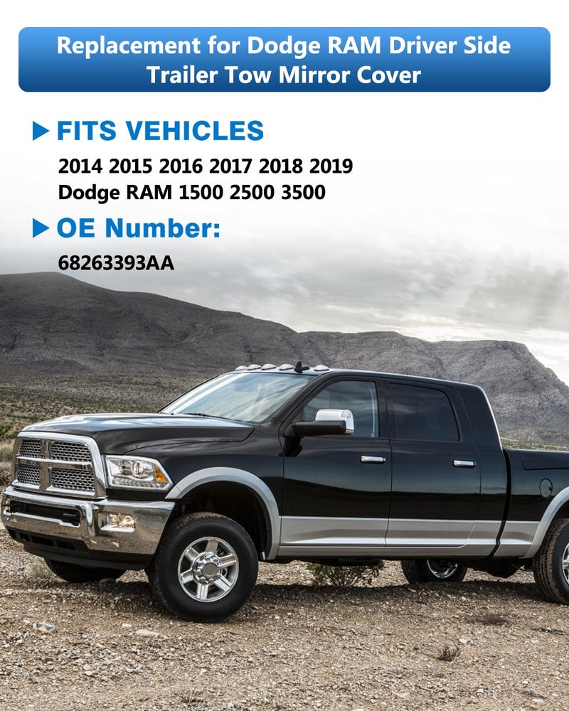 TOP-MAX RAM Trailer Tow Mirror Cover Front Arm Driver Left Side Mirror Cap Replacement for Dodge RAM 2014-2019 1500 2500 3500, Replace 68263393AA - Image 2