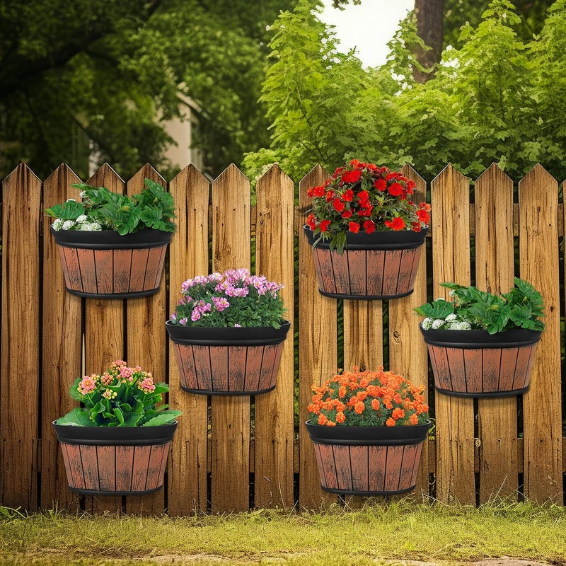 Layhit 6 Pcs Wall Hanging Planters Outdoor Pot Planter Wine Barrel Planter Distressed Oak Thickened Plastic Water Storage Flower Pots for Plants Flower Indoor Outdoor Railing (Brown,10 Inches) - Image 1