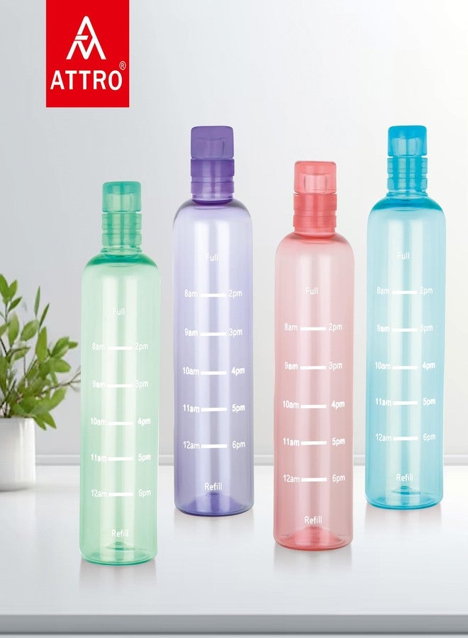 ATTRO Crystal 600ml Plastic Water Bottle BPA Free Leakproof, Fridge Safe with Time Marker to Track Hydration, Encourages Water Intake Set of 4- MultiColors - Image 2