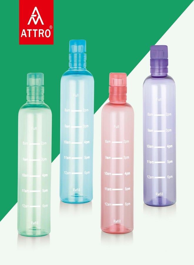 ATTRO Crystal 600ml Plastic Water Bottle BPA Free Leakproof, Fridge Safe with Time Marker to Track Hydration, Encourages Water Intake Set of 4- MultiColors - Image 3
