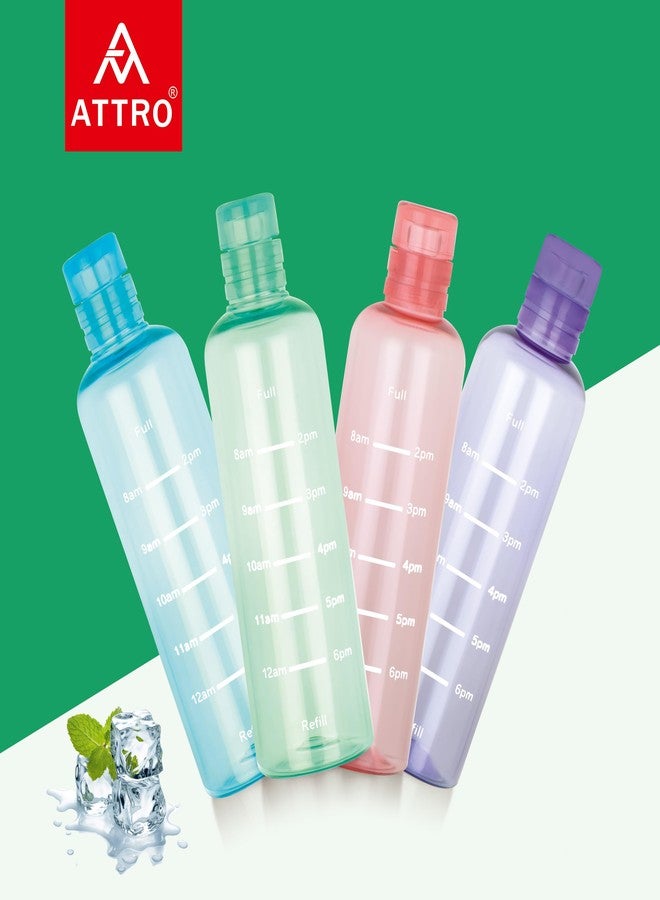 ATTRO Crystal 600ml Plastic Water Bottle BPA Free Leakproof, Fridge Safe with Time Marker to Track Hydration, Encourages Water Intake Set of 4- MultiColors - Image 5