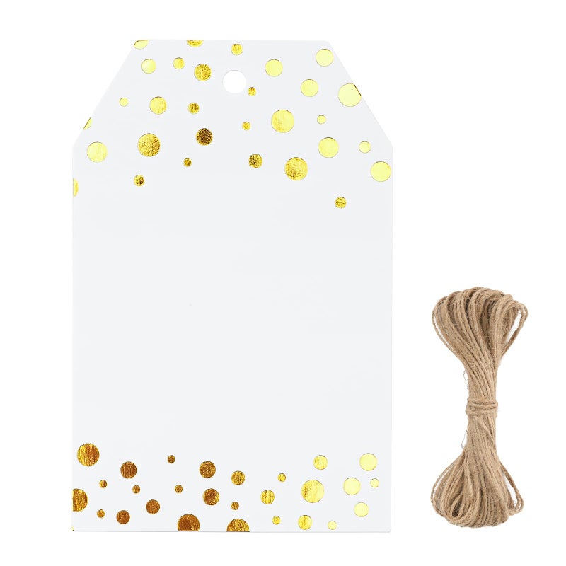 G2PLUS Foil Gold Dots Gift Tags 50 Pcs White Paper HangTags with String Metallic Gold Dots Present Tags Personalized Blank Labels for Wedding Birthday Party Favors 334216 - Image 3