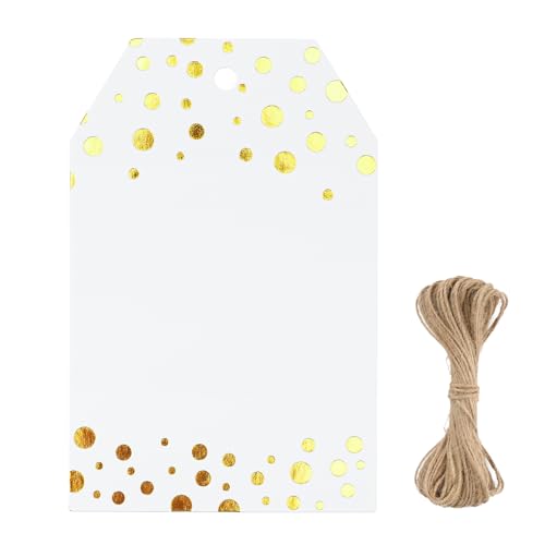 G2PLUS Foil Gold Dots Gift Tags 50 Pcs White Paper HangTags with String Metallic Gold Dots Present Tags Personalized Blank Labels for Wedding Birthday Party Favors 334216 - Image 2