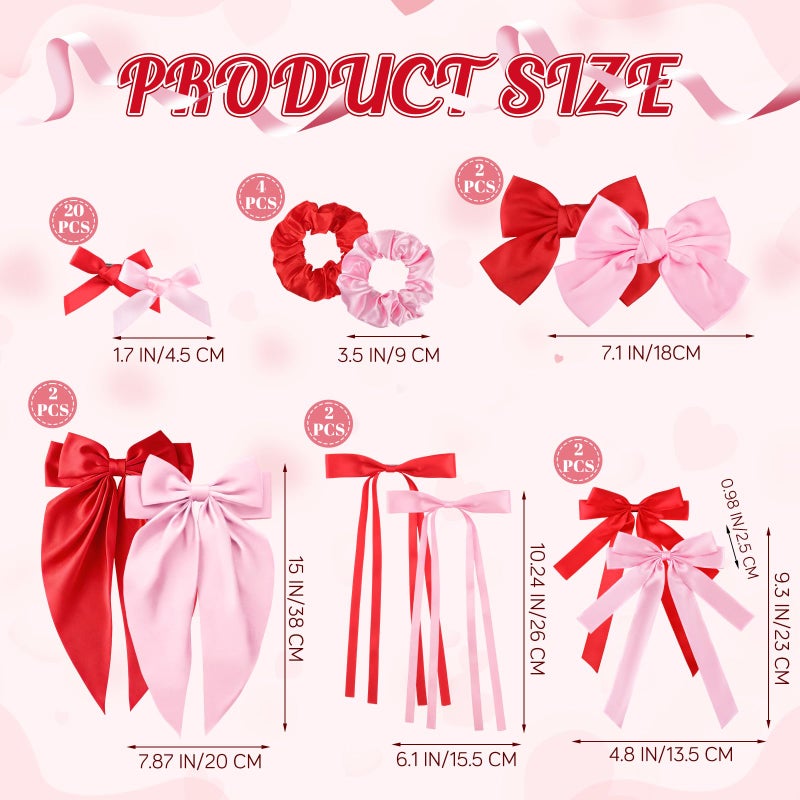 Yuxung 32 Pcs Red and Pink Hair Bows Oversized Ribbon Barrettes with Scrunchies for Women Satin Long Tail Bowknot Hair Clips Bulk Coquette Accessories for Gifts - Image 2
