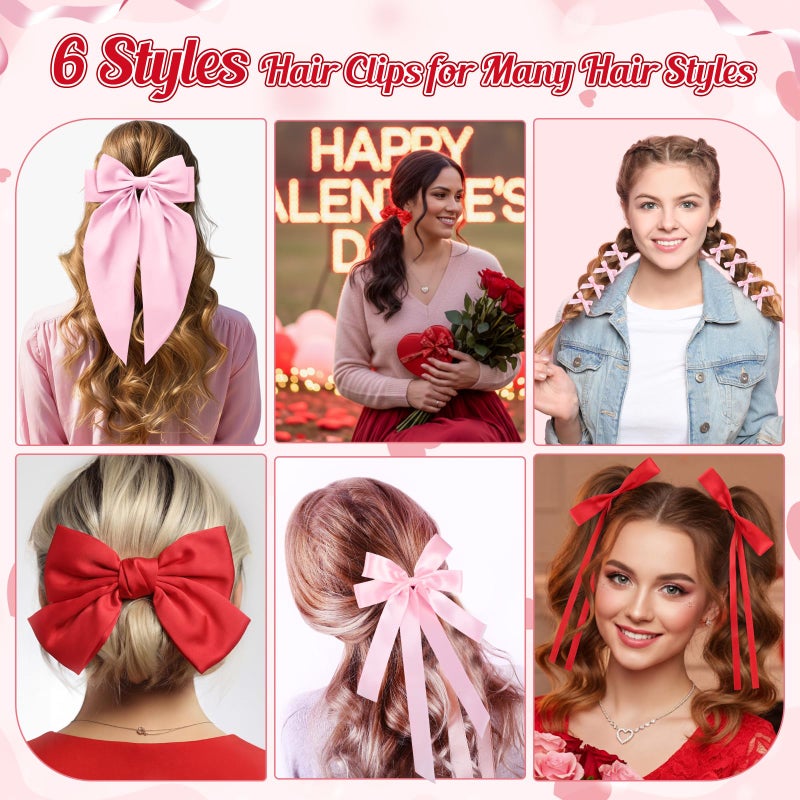 Yuxung 32 Pcs Red and Pink Hair Bows Oversized Ribbon Barrettes with Scrunchies for Women Satin Long Tail Bowknot Hair Clips Bulk Coquette Accessories for Gifts - Image 4