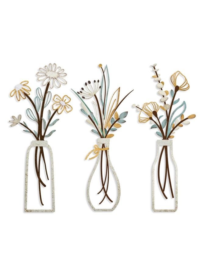 HOMESTAR 3 Pieces Metal Flowers Wall Arts - Rustic Farmhouse Decor Beige Minimalist Flower Wall Decors for Living room Bathroom Bedroom Dining Room-Housewarming Gifts (Beige, Vase-C) - Image 1