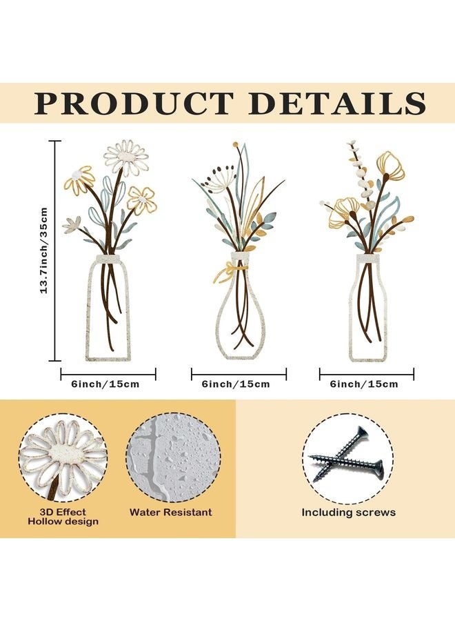 HOMESTAR 3 Pieces Metal Flowers Wall Arts - Rustic Farmhouse Decor Beige Minimalist Flower Wall Decors for Living room Bathroom Bedroom Dining Room-Housewarming Gifts (Beige, Vase-C) - Image 3