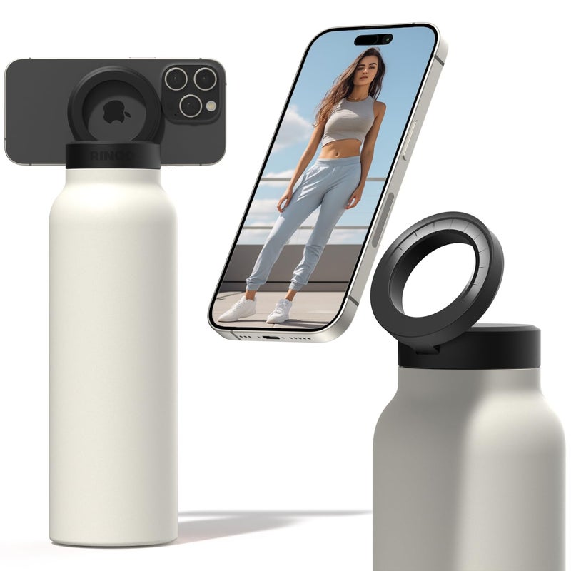 Ringo Ringo Insulated Water Bottle - MagSafe Compatible Water Bottle With Magnetic Phone Holder - Stainless Steel Water Bottle With Tripod Phone Mount - Hot 12H  Cold 24H  360 Rotate - Ivory 32oz - Image 1
