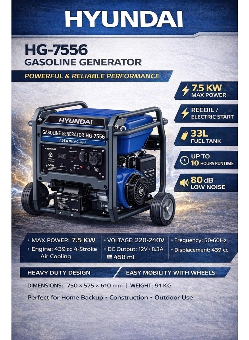 HYUNDAI Gasoline Generator Hyundai HG-7556 7.5KW 439cc Electric & Recoil Start 33L Fuel Tank Portable Power Generator 220–240V - Image 2