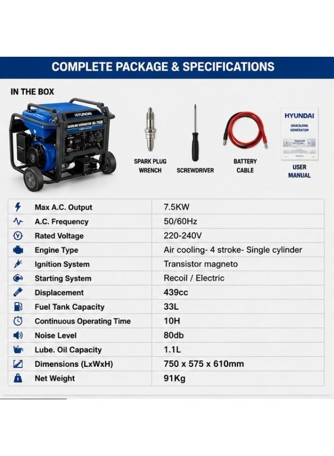 HYUNDAI Gasoline Generator Hyundai HG-7556 7.5KW 439cc Electric & Recoil Start 33L Fuel Tank Portable Power Generator 220–240V - Image 3