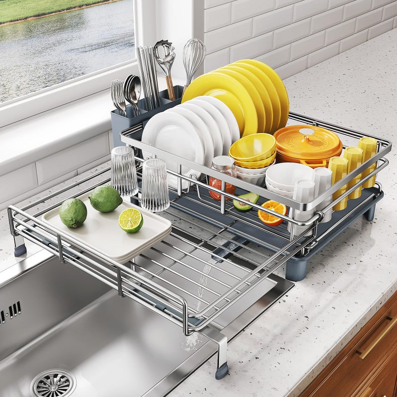 SNTD Dish Drying Rack - Extendable Dish Rack, Large Sink Drying Dish Drainer for Kitchen Counter, Stainless Steel Dish Strainer with Utensil Holder (Silver) - Image 1